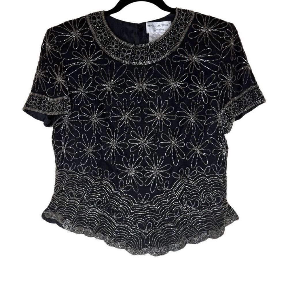 Vtg Adrianna Papell Papell Boutique Evening Black Silk Beaded Top Sz L Old Money